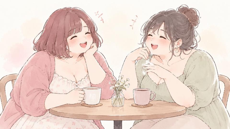 お茶をしながら楽しそうに会話するぽっちゃり女性2人