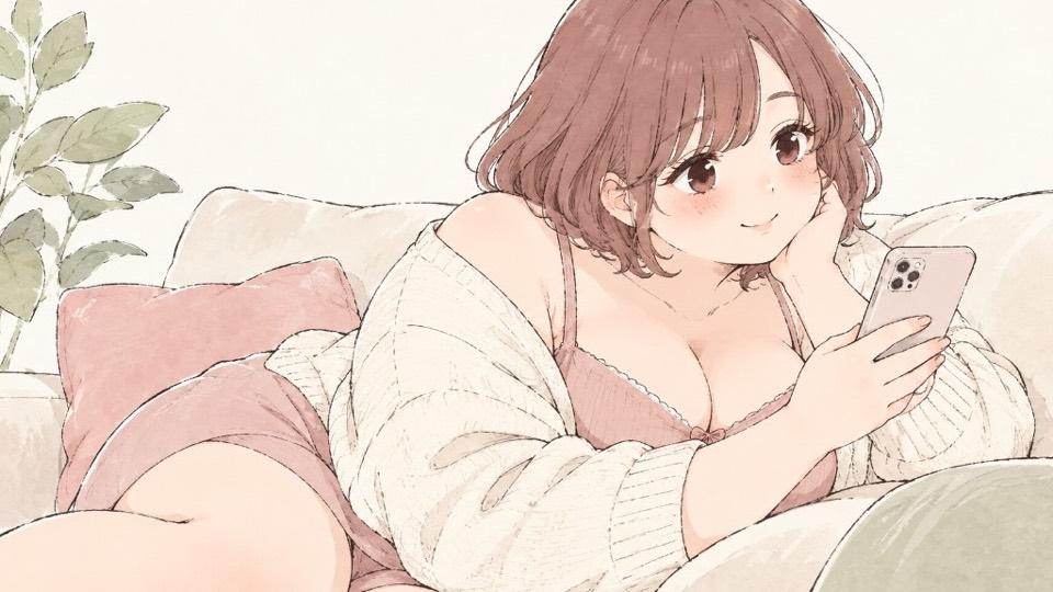 自宅のソファでスマートフォンを見ながら微笑むぽっちゃり女性
