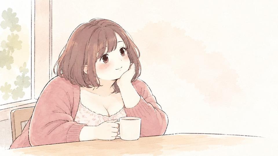 カフェでマグカップを手に考えごとをするぽっちゃり女性