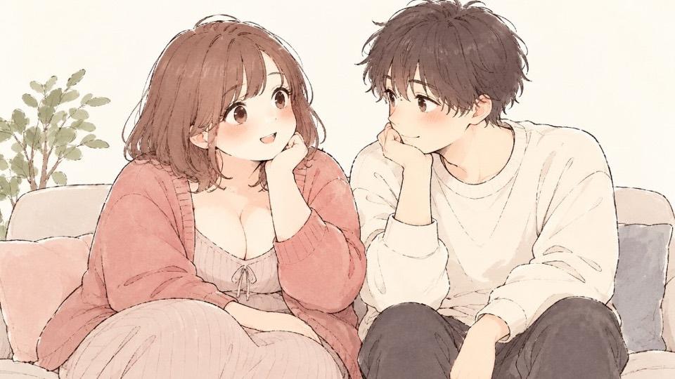 ソファで楽しそうに会話するぽっちゃり女性と年下の男性